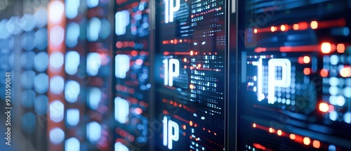 Close-up of modern server technology showcasing digital data processing with illuminated IP addresses and sleek design elements.