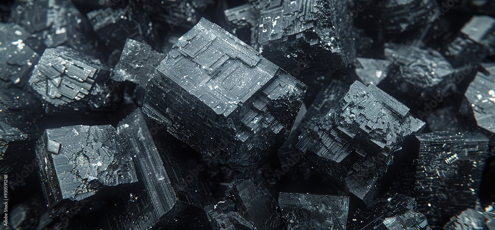 Closeup of shiny, gray, cubic crystals. Abstract texture and background. Closeup of shiny, gray, cubic crystals. Abstract texture and background.