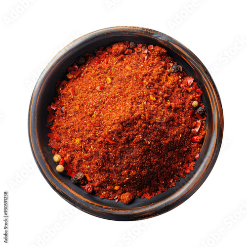 Chili flakes, black peppercorns, and red chili pepper in a bowl.