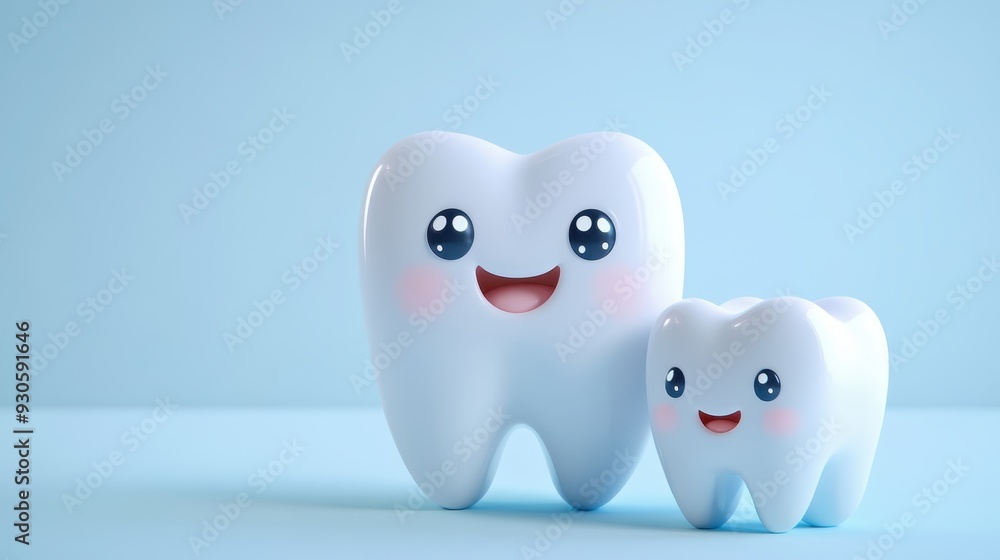 A family of cute teeth with different sizes on a pastel blue background, with soft, smooth lighting, vivid colors, high quality A family of cute teeth with different sizes on a pastel blue background, with soft, smooth lighting, vivid colors, high quality
