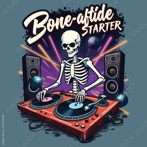 Skeleton DJ Spinning Records Bone-afide Party Starter T-shirt Graphic