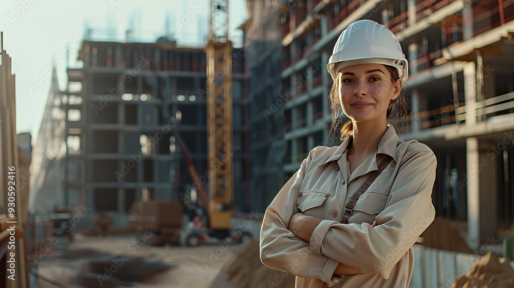 A confident female engineer stands at a construction site with buildings in progress. A confident female engineer stands at a construction site with buildings in progress.