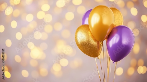 Wallpaper Mural Colorful balloons in gold and purple against a glittering backdrop, perfect for celebrations and festive occasions. Torontodigital.ca