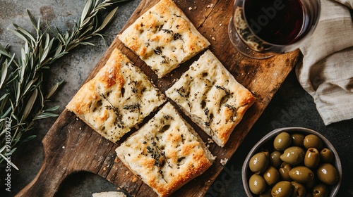 A flat lay of a rustic bread board with slices of olive-studded focaccia, a small dish of olives, and a glass of wine photo