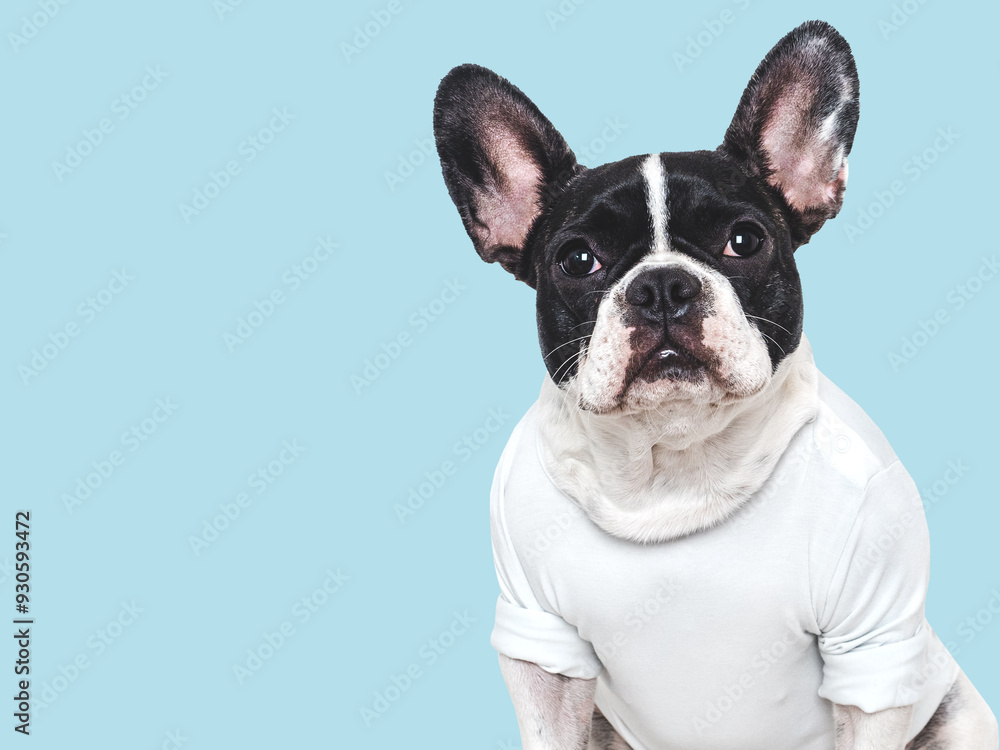 Cute puppy and white T-shirt. Close-up, indoors. Concept of beauty and fashion. Studio shot, isolated background. Pets care Cute puppy and white T-shirt. Close-up, indoors. Concept of beauty and fashion. Studio shot, isolated background. Pets care