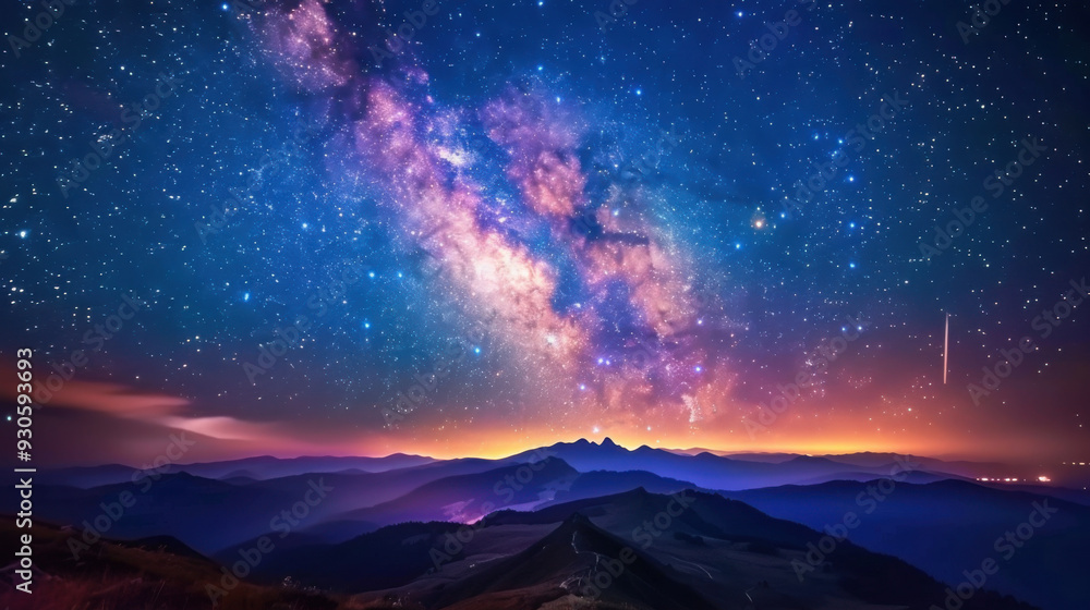 In the tranquil night, the Milky Way spans the sky, the majestic mountain range stands out clearly in the starlight, a meteor streaks across the night sky, disappearing on the horizon, a serene, myste In the tranquil night, the Milky Way spans the sky, the majestic mountain range stands out clearly in the starlight, a meteor streaks across the night sky, disappearing on the horizon, a serene, myste