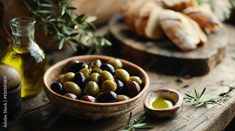 A rustic kitchen scene with a bowl of mixed olives, a small dish of olive oil, and freshly baked bread, ready for a Mediterranean feast A rustic kitchen scene with a bowl of mixed olives, a small dish of olive oil, and freshly baked bread, ready for a Mediterranean feast