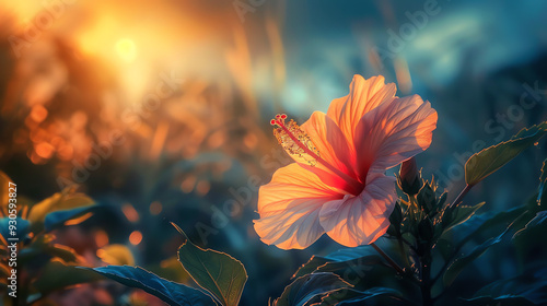  a picture of a red hibiscus flower against a sunset sky.