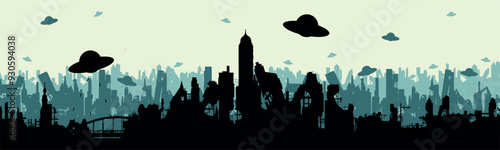 UFO attack on the city. Alien ships destroyed the city. Silhouette of the city on the day of the disaster