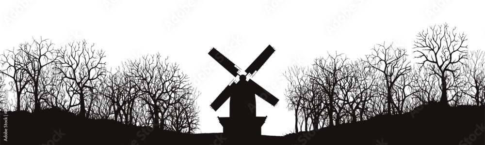 Obraz premium Silhouette of a mill in the forest on a white background. Panorama. Vector