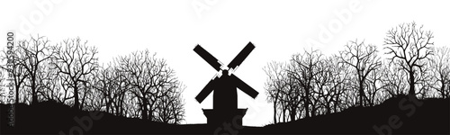 Silhouette of a mill in the forest on a white background. Panorama. Vector © Евгений Соловьев