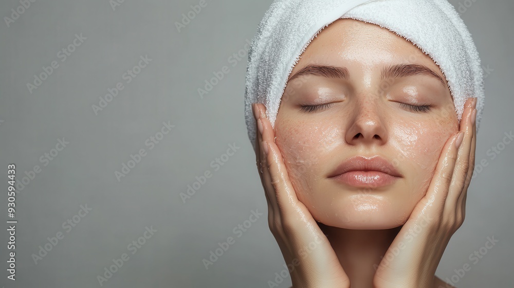 A close-up of a woman practicing her skincare routine. Her eyes are closed and her face is gently rested in her hands. She is wrapped in a white towel, emphasizing her fresh and clean look. A close-up of a woman practicing her skincare routine. Her eyes are closed and her face is gently rested in her hands. She is wrapped in a white towel, emphasizing her fresh and clean look.