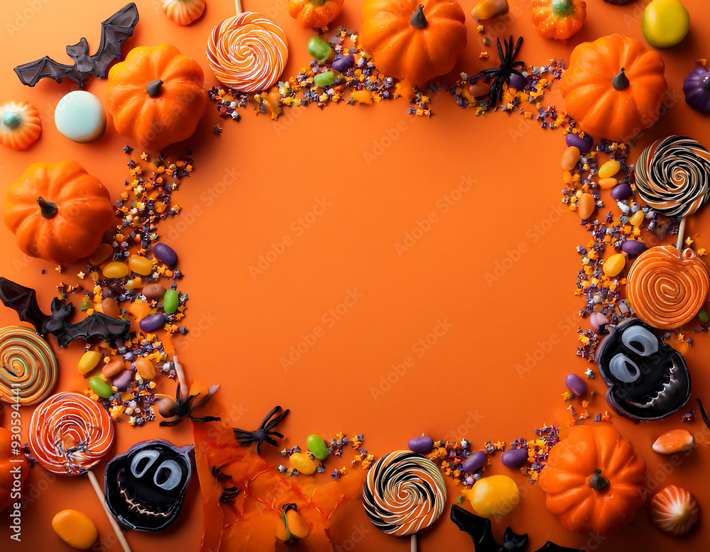 Fototapeta premium halloween frame made scattered candy decorations orange background space text