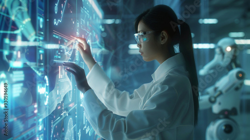 A female AI specialist in her late 30s, working on an advanced AI project in a high-tech lab, with robotic arms and holographic interfaces in the background.