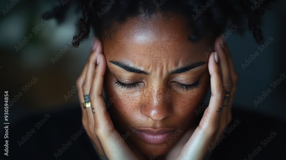 A close-up of a woman pressing her hands against her temples, portraying deep worry and stress, highlighted by intimate and detailed visuals of her facial expressions. A close-up of a woman pressing her hands against her temples, portraying deep worry and stress, highlighted by intimate and detailed visuals of her facial expressions.