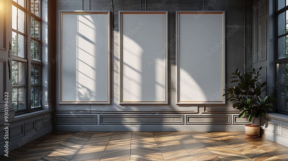 Three vertical white wooden-framed wall art mockups leaning against the wall in an empty, modern room with parquet flooring. Realistic lighting creates shadows on the blank canvases. Three vertical white wooden-framed wall art mockups leaning against the wall in an empty, modern room with parquet flooring. Realistic lighting creates shadows on the blank canvases.