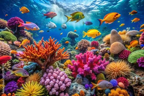 tropical coral reef. coral reef and fish. Underwater view of a colorful sea coral reef with fishes. Ocean ecosystem. 