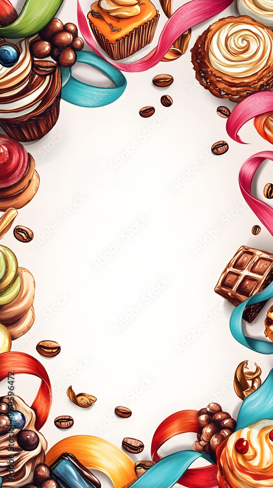 Fototapeta premium Vibrant 3D Rendered Caf Menu Frame with Hand Drawn Desserts Coffee Beans and Swirling Ribbons Showcasing a Clear Space for Drink Options