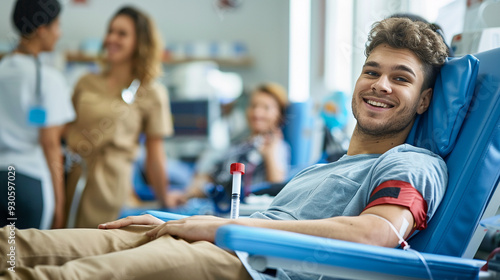 A bright, clean blood donation center where a young male donor is lying on a reclining chair with a needle in his arm, connected to a blood bag.  photo