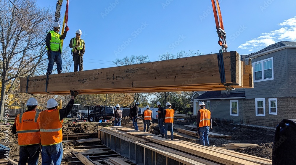 Naklejka premium A group of workers lifting and positioning large wooden beams on a residential construction site
