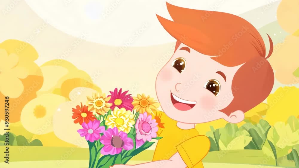 Happy boy holding a bouquet of flowers in a sunny garden filled with vibrant blooms Happy boy holding a bouquet of flowers in a sunny garden filled with vibrant blooms