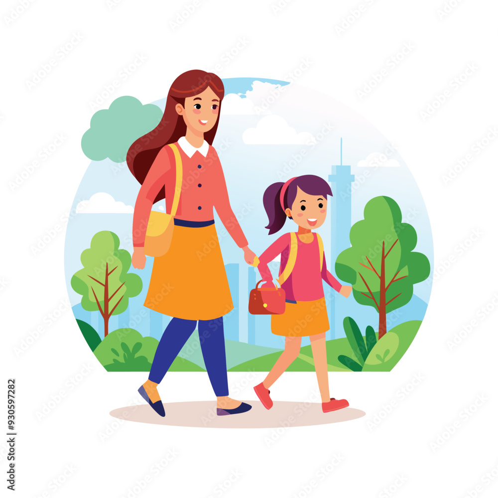 Mother and daughter walking to school Mother and daughter walking to school