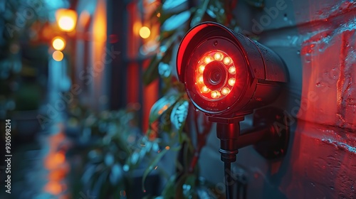 Black CCTV security camera mounted on a home wall, recording at night. Used for video surveillance, property monitoring, and crime prevention, with a red light indicating active observation.