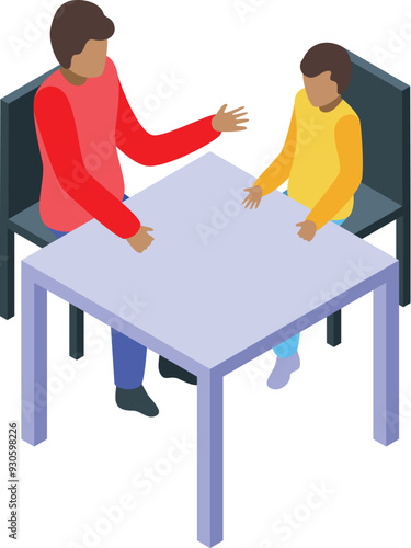 Social worker talking to young boy sitting at desk in orphanage