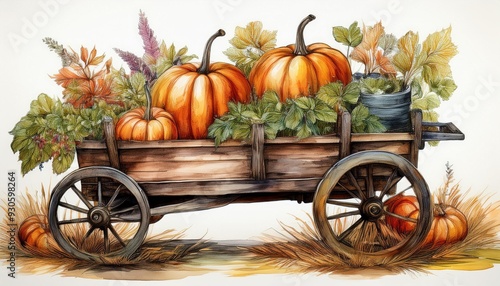 Wooden cart with pumpkins and autumn herbs painted in watercolor. Autumn illustration, harvest, farming, October.