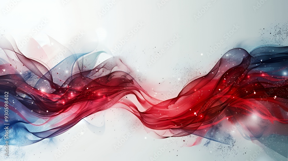 Abstract background with flowing red and blue lines and glowing particles on a white background. Abstract background with flowing red and blue lines and glowing particles on a white background.