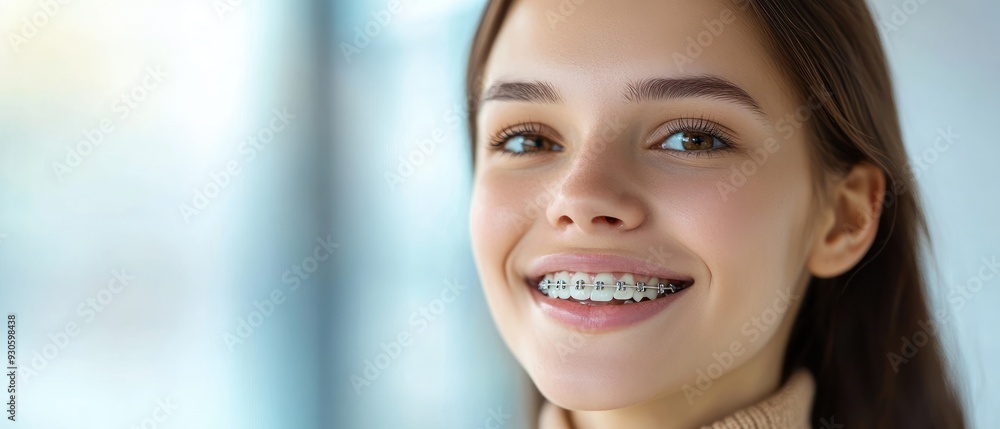 Portrait of young beautiful smiling woman with ceramic braces on teeth at the dental office