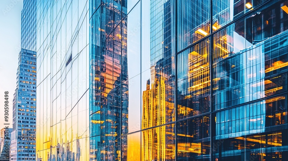 A high-rise building facade, featuring a mix of glass and steel, with reflections of the city skyline