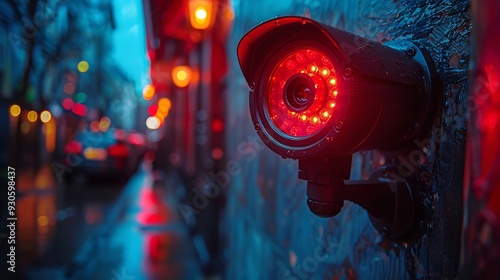 Black CCTV security camera mounted on a home wall, recording at night. Used for video surveillance, property monitoring, and crime prevention, with a red light indicating active observation.