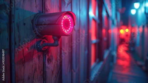 Black CCTV security camera mounted on a home wall, recording at night. Used for video surveillance, property monitoring, and crime prevention, with a red light indicating active observation.