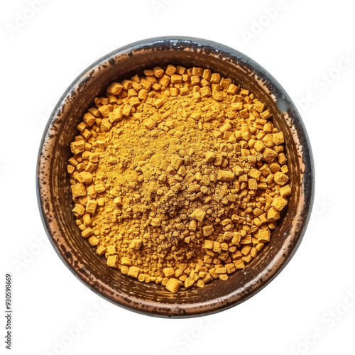 Top view of a bowl of turmeric powder and chunks.