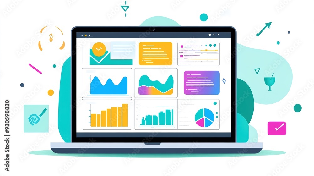 A laptop displaying a digital marketing dashboard with key metrics and social media performance indicators A laptop displaying a digital marketing dashboard with key metrics and social media performance indicators