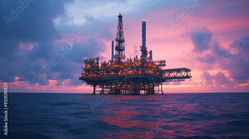 An industrial oil rig platform in the middle of the ocean during a colorful sunset