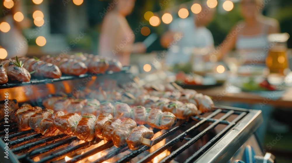 Delicious meats sizzle on a grill, surrounded by a festive atmosphere, perfect for summer gatherings and outdoor dining. Delicious meats sizzle on a grill, surrounded by a festive atmosphere, perfect for summer gatherings and outdoor dining.