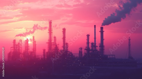 An industrial oil rig platform in the middle of the ocean during a colorful sunset