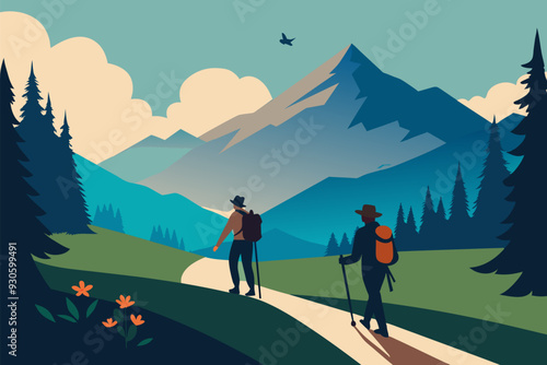Hiking adventure scene in flat style. Hiker traveling on the wild landscape, with mountains