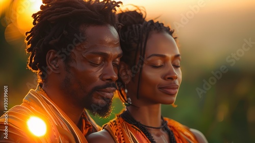An African American couple praying together outdoors, with sun rays shining in the background. Seeking spiritual peace, embodying Christian faith, and expressing Biblical hope, 