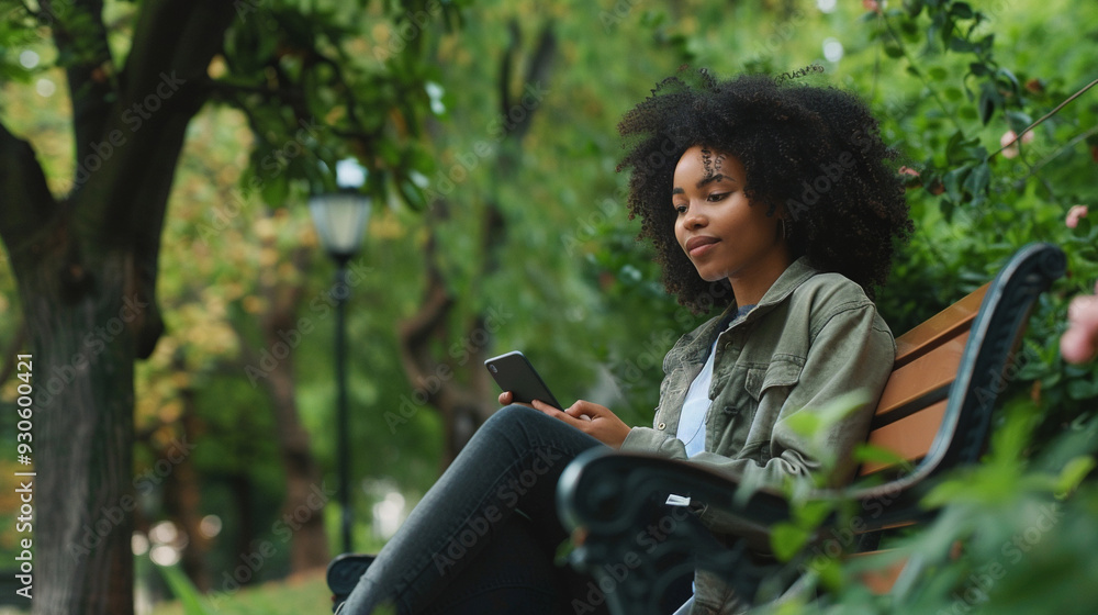 Fototapeta premium A young adult sitting on a park bench, enjoying nature without any electronic devices. Importance of disconnecting from technology to focus on mental well-being
