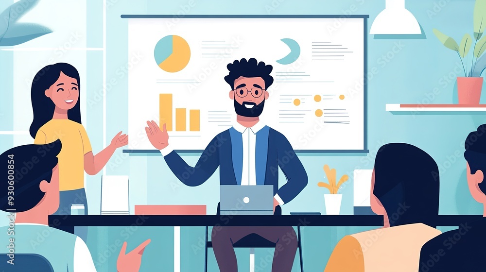 A manager giving a presentation to the team, emphasizing key points with hand gestures in a modern office A manager giving a presentation to the team, emphasizing key points with hand gestures in a modern office