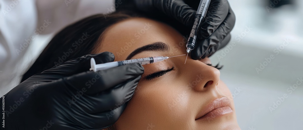 Plasmolifting procedure injection. Doctor cosmetologist beautician in black sterile gloves making injection in female patient face. Concept of skincare treatment Plasmolifting procedure injection. Doctor cosmetologist beautician in black sterile gloves making injection in female patient face. Concept of skincare treatment