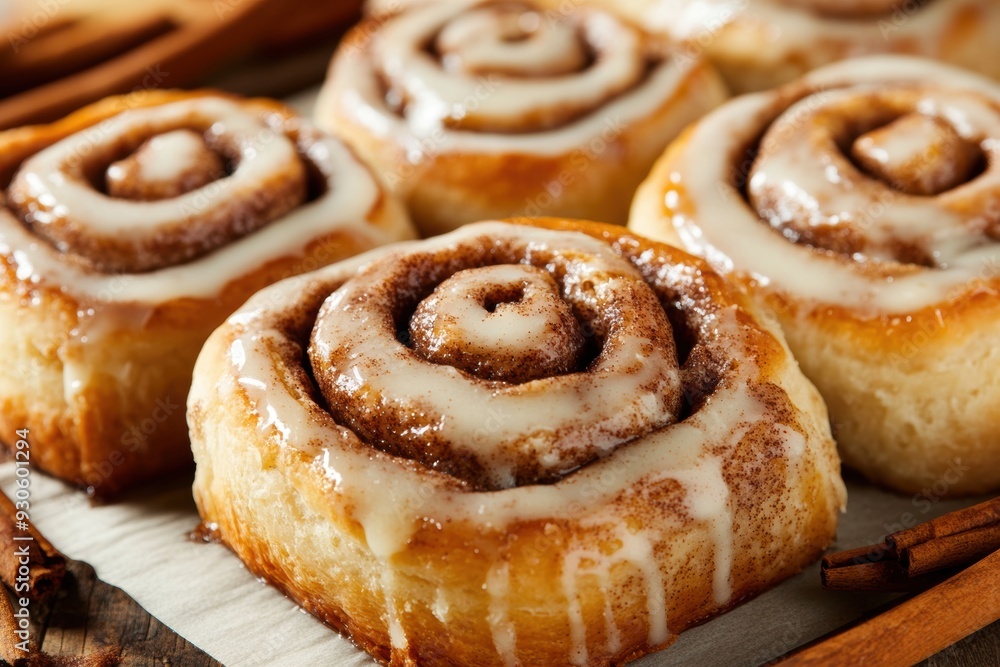 Fototapeta premium Delicious cinnamon rolls with creamy icing on wooden background