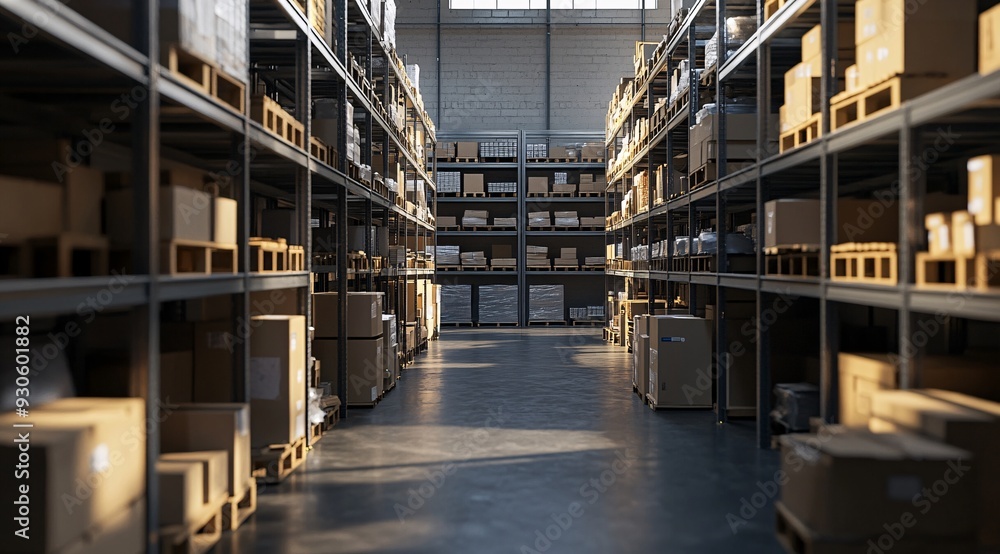 Modern Warehouse Interior with Rows of Shelves and Cardboard Boxes Modern Warehouse Interior with Rows of Shelves and Cardboard Boxes