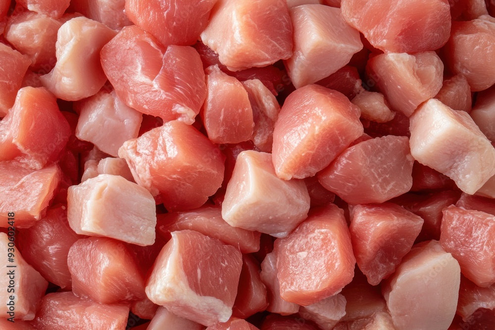 Close-up view of fresh raw diced chicken breast Close-up view of fresh raw diced chicken breast