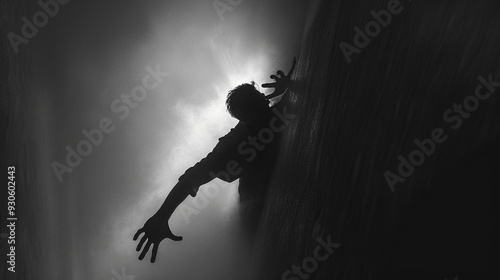 A person falling through a dark, endless void, reaching out for help but unable to grasp anything, representing the descent into addiction.