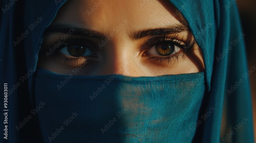 Intense gaze of woman with blue veil in sunset light Intense gaze of woman with blue veil in sunset light
