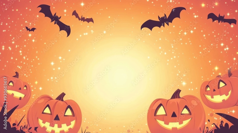 Fototapeta premium halloween, pumpkin, autumn, holiday, illustration, orange, witch, horror, bat, night, hat, scary, celebration, moon, cat, october, spooky, black, cartoon, lantern, design, evil, dark, fall, house, sil
